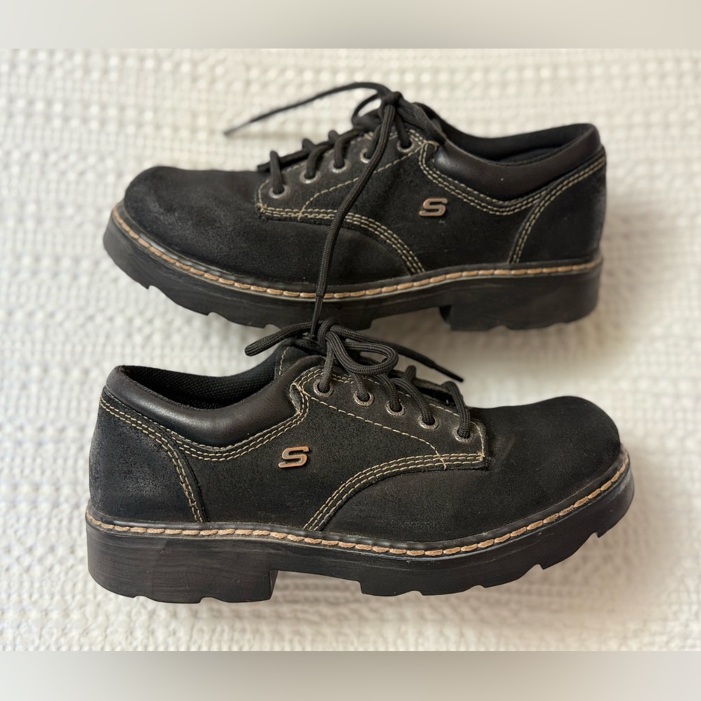 Skechers Parties Mate Oxford Platform Black Suede Lace-Up Shoes Retro Y2k Size 8